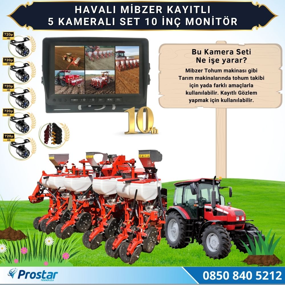 5 Kameralı Mibzer Havalı Tohum Makinesi 10 inç Monitör 720P Beyaz Işıklı AHD Kayıtlı Kamera Seti