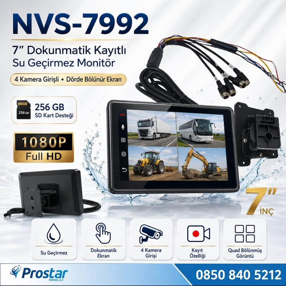 7" Su Geçirmez Dokunmatik Kayıtlı 4 Kamera Girişli 256 GB SD Destekli Monitör
