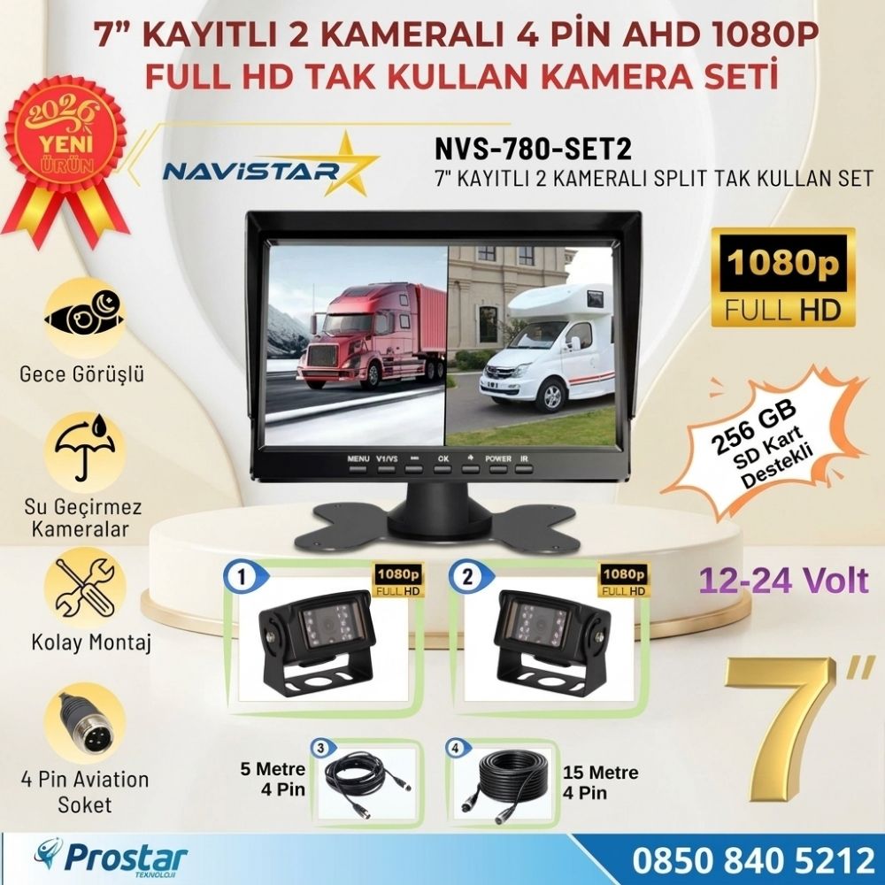 7 inç 2 Kameralı Kayıtlı 1080P Full HD Araç Güvenlik ve Geri Görüş Seti (12-24V)