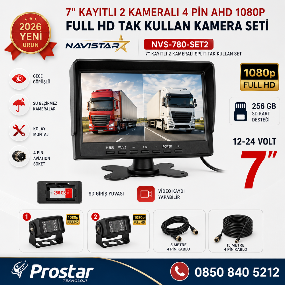 7 inç 2 Kameralı Kayıtlı 1080P Full HD Araç Güvenlik ve Geri Görüş Seti (12-24V)