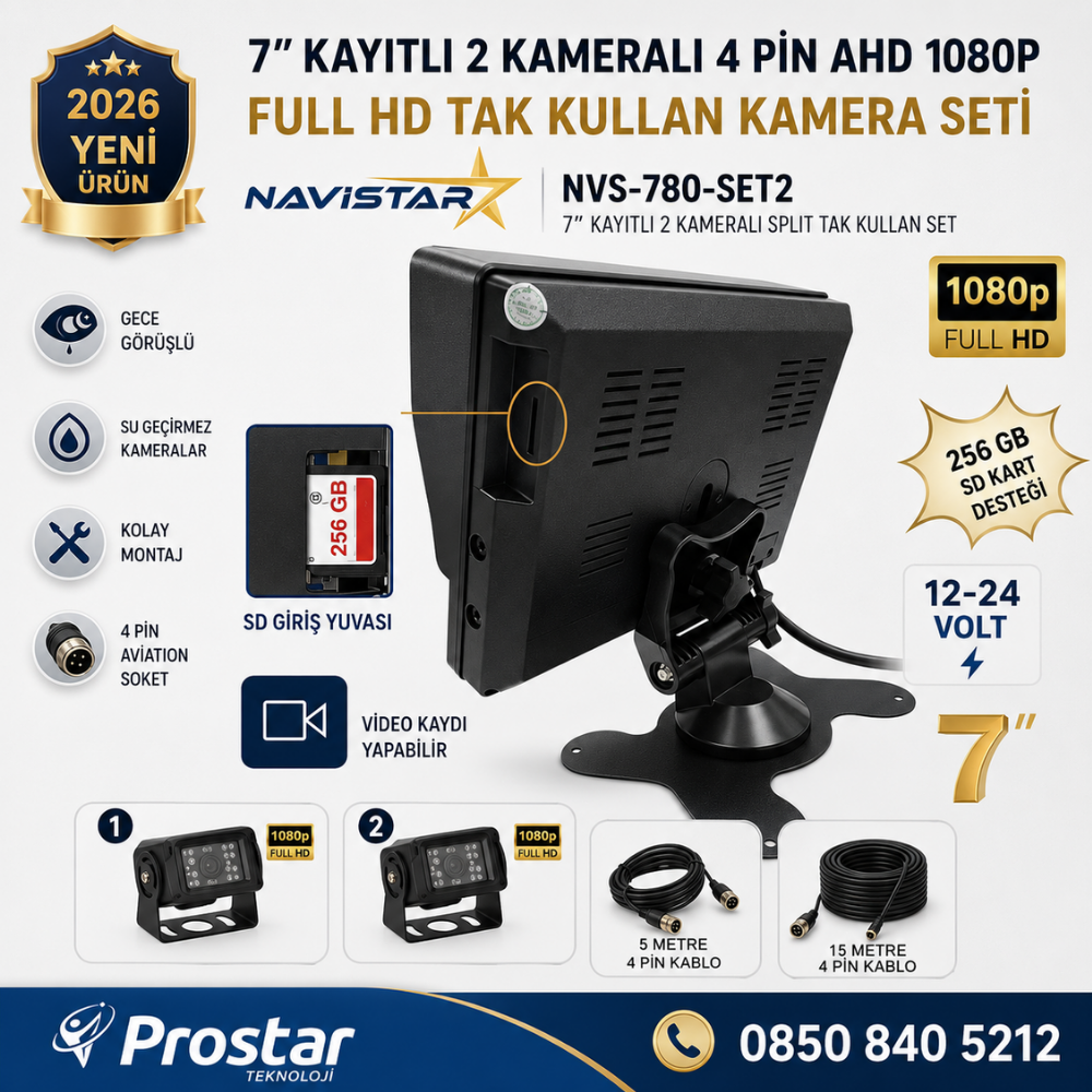 7 inç 2 Kameralı Kayıtlı 1080P Full HD Araç Güvenlik ve Geri Görüş Seti (12-24V)
