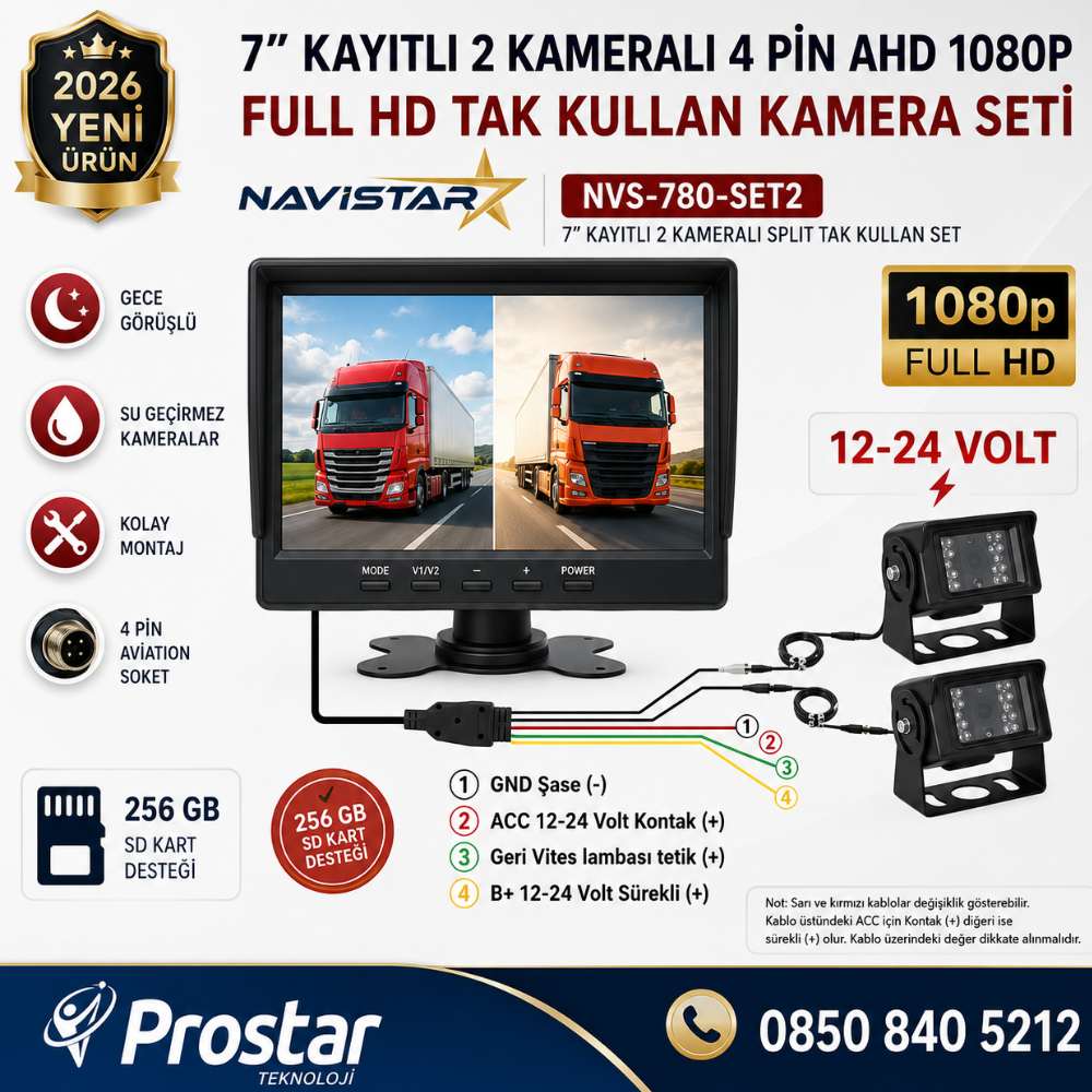 7 inç 2 Kameralı Kayıtlı 1080P Full HD Araç Güvenlik ve Geri Görüş Seti (12-24V)