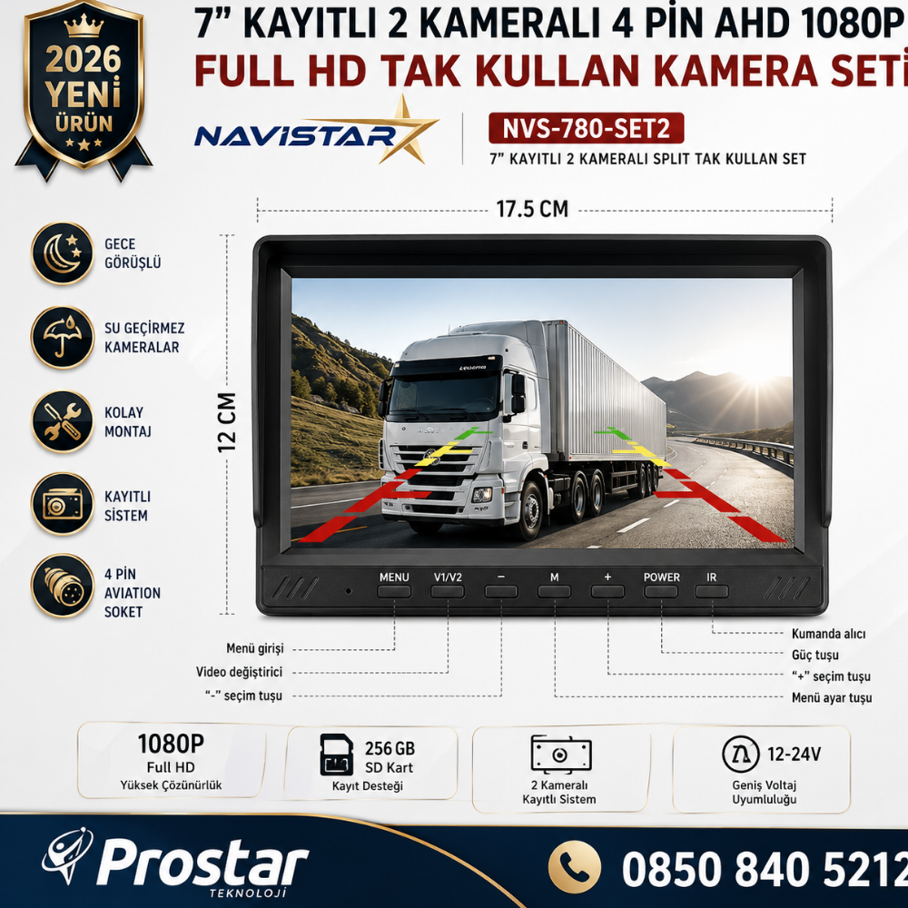 7 inç 2 Kameralı Kayıtlı 1080P Full HD Araç Güvenlik ve Geri Görüş Seti (12-24V)