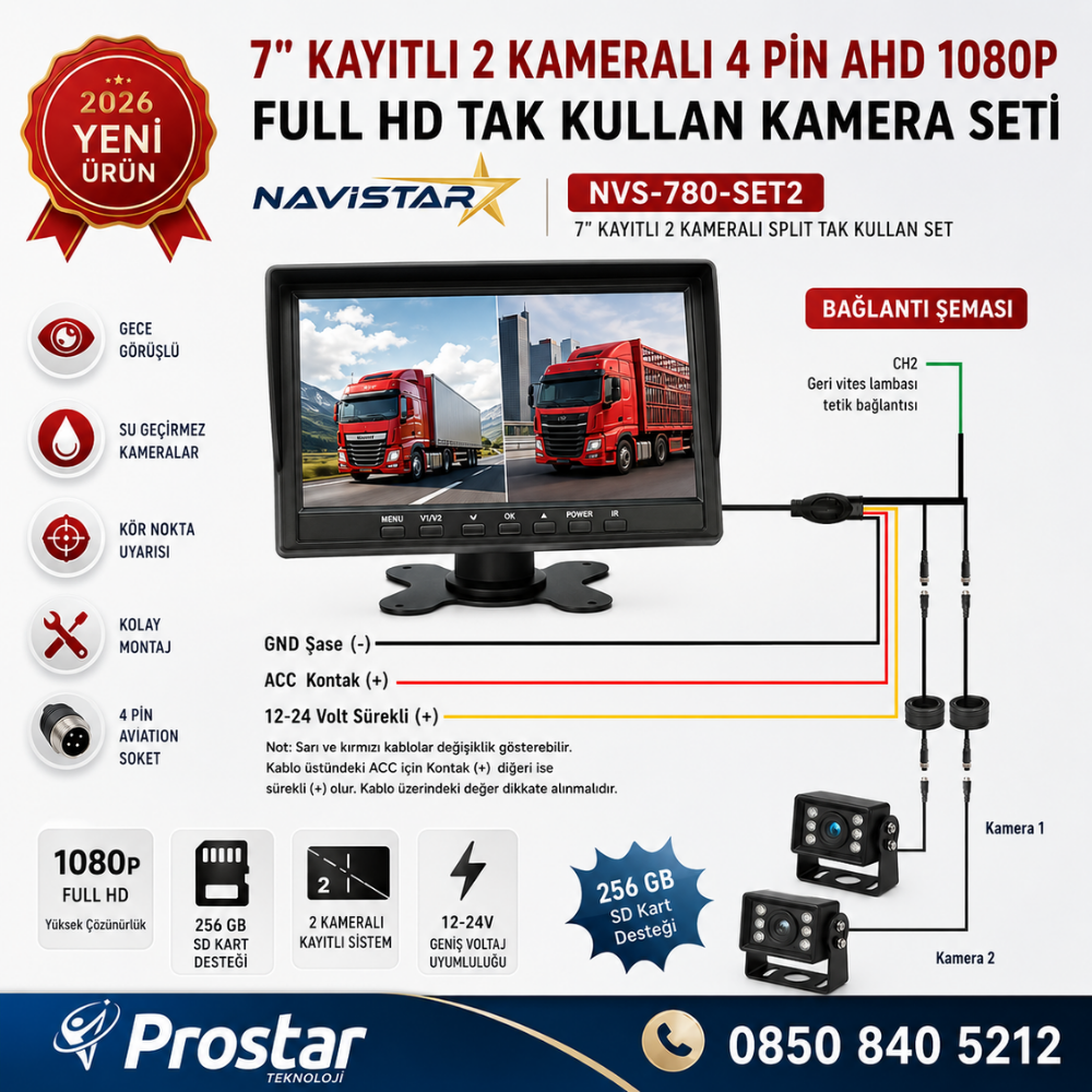 7 inç 2 Kameralı Kayıtlı 1080P Full HD Araç Güvenlik ve Geri Görüş Seti (12-24V)