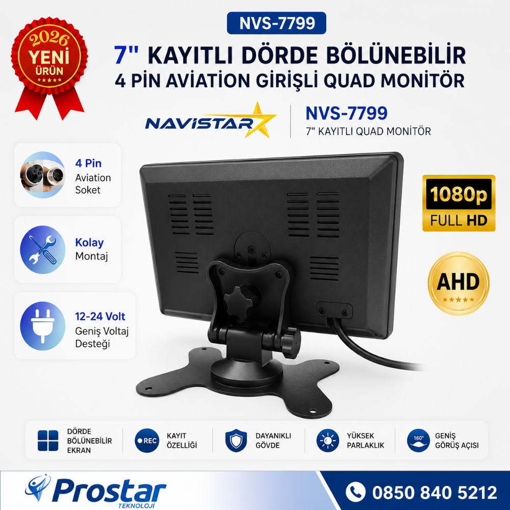 7 inç Dörde Bölünebilir Kayıtlı Quad Monitör 4 Pin Aviation Girişli AHD 1080P/720P/CVBS Analog Pal Ntsc 256GB SD Kart Destekli