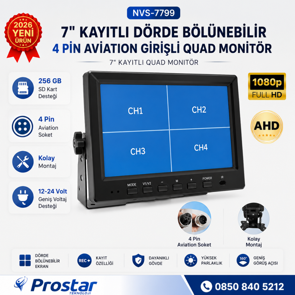 7 inç Dörde Bölünebilir Kayıtlı Quad Monitör 4 Pin Aviation Girişli AHD 1080P/720P/CVBS Analog Pal Ntsc 256GB SD Kart Destekli