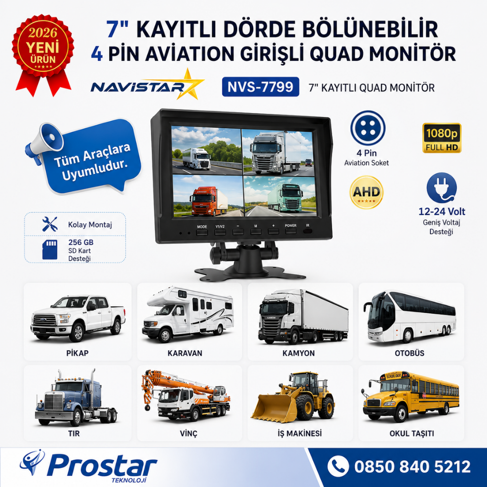 7 inç Dörde Bölünebilir Kayıtlı Quad Monitör 4 Pin Aviation Girişli AHD 1080P/720P/CVBS Analog Pal Ntsc 256GB SD Kart Destekli