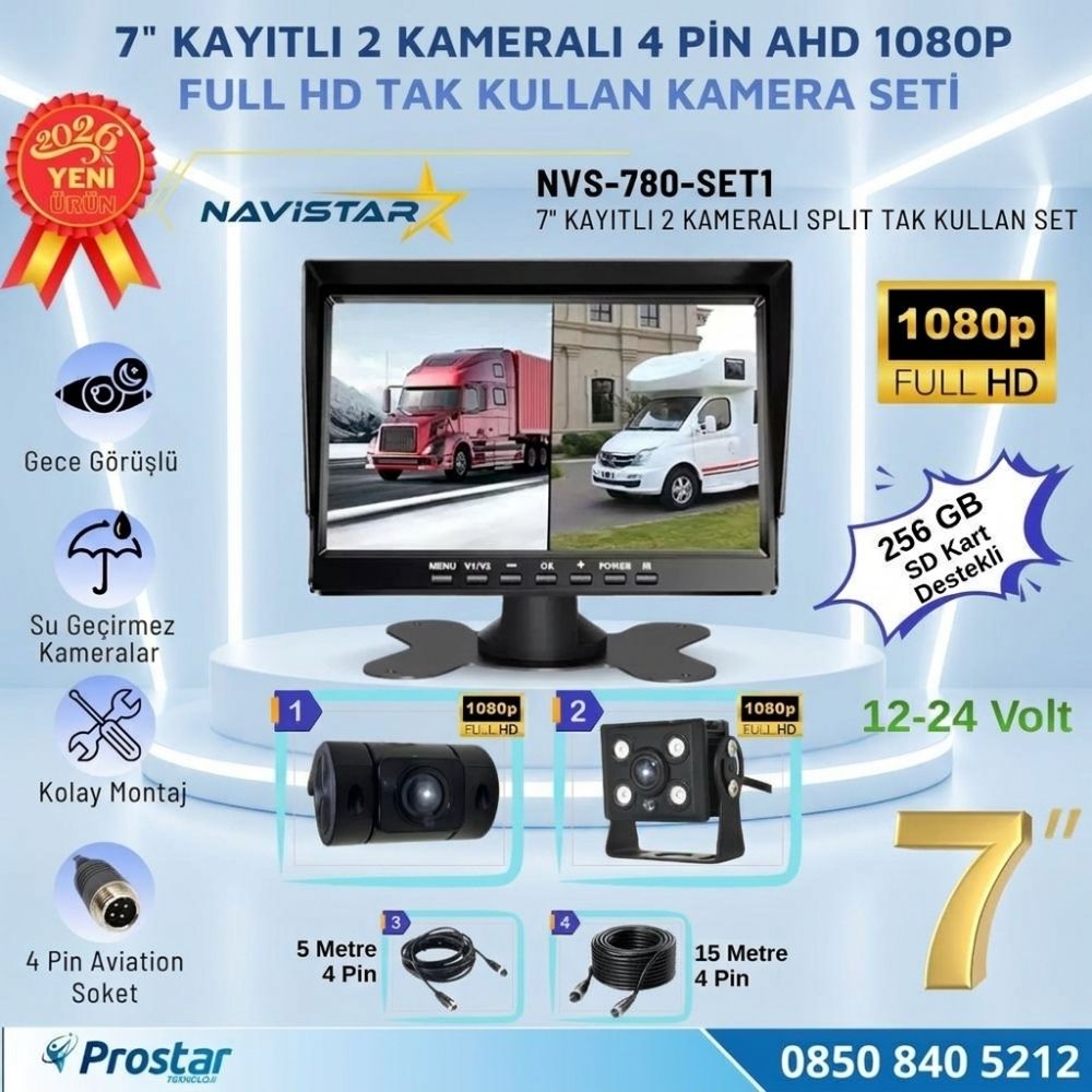 7 inç Kayıtlı 2 Kameralı 1080P Full HD Araç Güvenlik ve Geri Görüş Seti (12-24V)