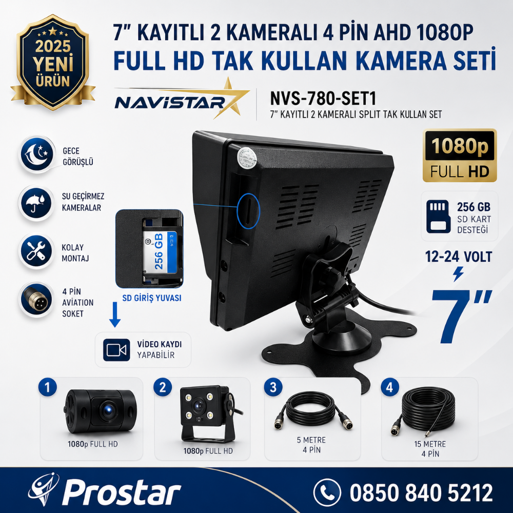 7 inç Kayıtlı 2 Kameralı 1080P Full HD Araç Güvenlik ve Geri Görüş Seti (12-24V)