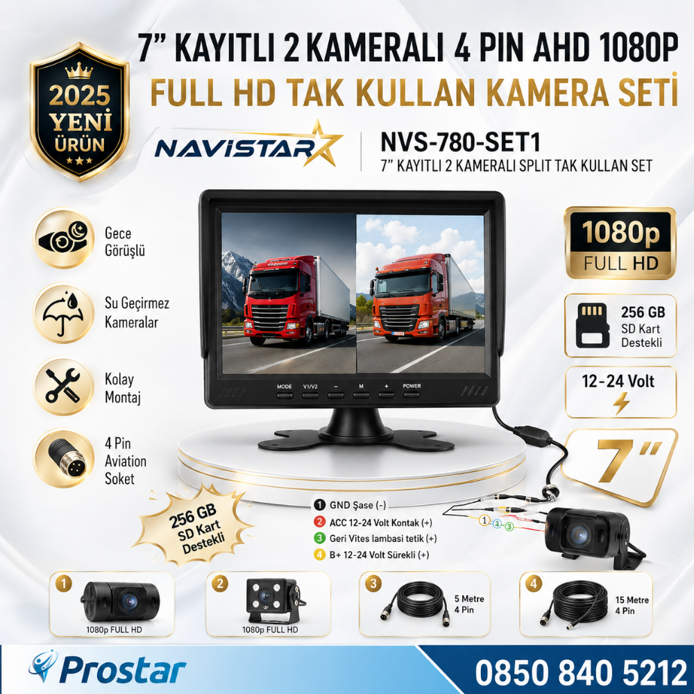 7 inç Kayıtlı 2 Kameralı 1080P Full HD Araç Güvenlik ve Geri Görüş Seti (12-24V)