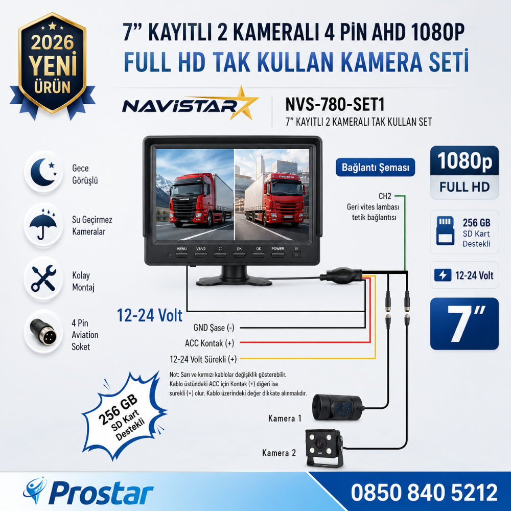 7 inç Kayıtlı 2 Kameralı 1080P Full HD Araç Güvenlik ve Geri Görüş Seti (12-24V)