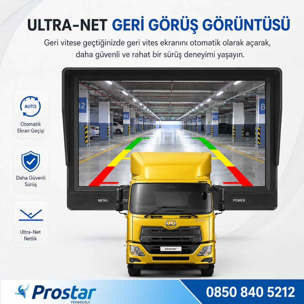 7 inç Kayıtlı 2 Kameralı 1080P Full HD Araç Güvenlik ve Geri Görüş Seti (12-24V)