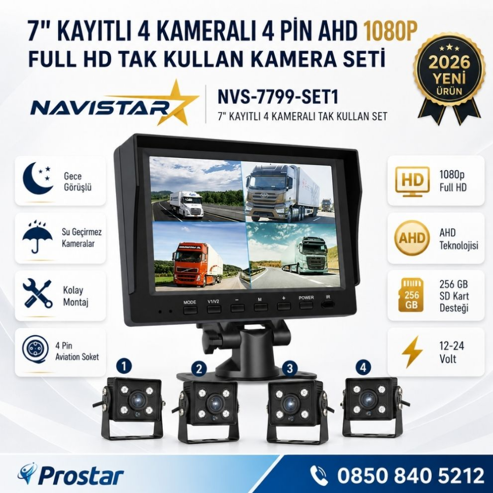 7 inç Kayıtlı 4 Kameralı Full HD Araç Kamera Sistemi AHD 1080P 256GB SD Kart Destekli Gece Görüşlü Tak Kullan Set