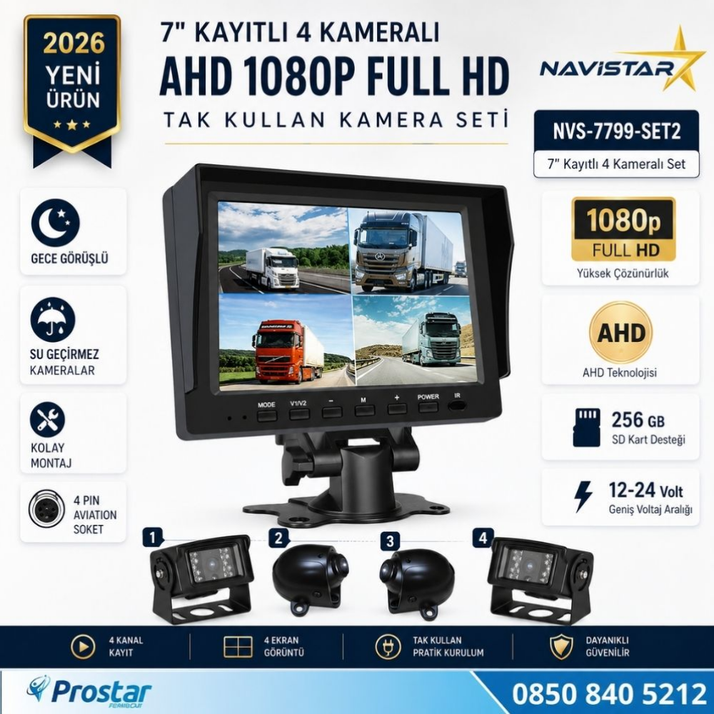 7 inç Kayıtlı AHD 1080P 4 Kameralı Full HD Araç Kamera Sistemi 256GB SD Kart Destekli Gece Görüşlü Tak Kullan Set