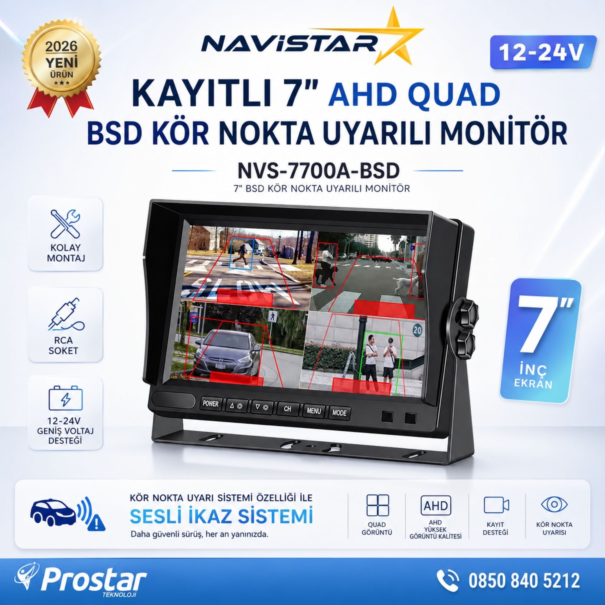 7 inç Kayıtlı AHD Quad Araç Monitörü - Sesli BSD Kör Nokta Uyarılı, 12-24V, RCA Soketli
