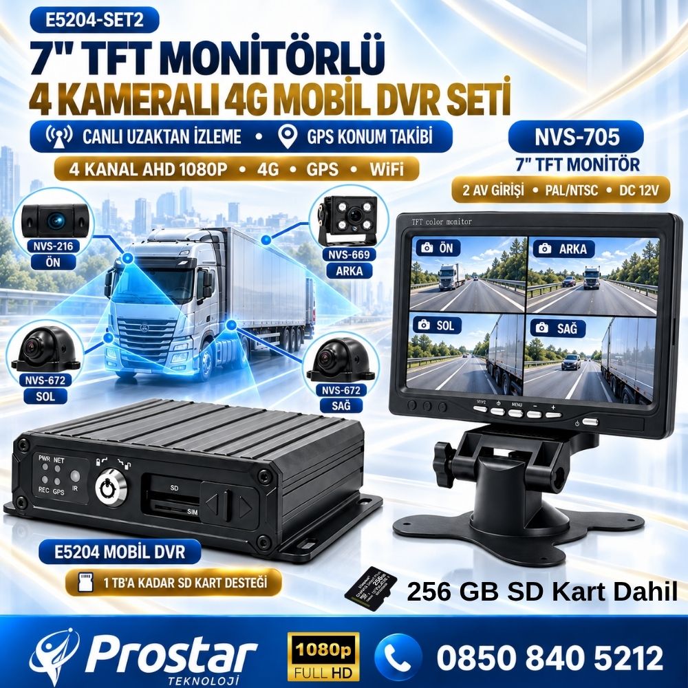 7 inç Monitörlü Profesyonel 4 Kameralı 1080P 4G GPS WIFI Mobil DVR Kamera Seti (256 GB Hafıza Kartı Dahil)