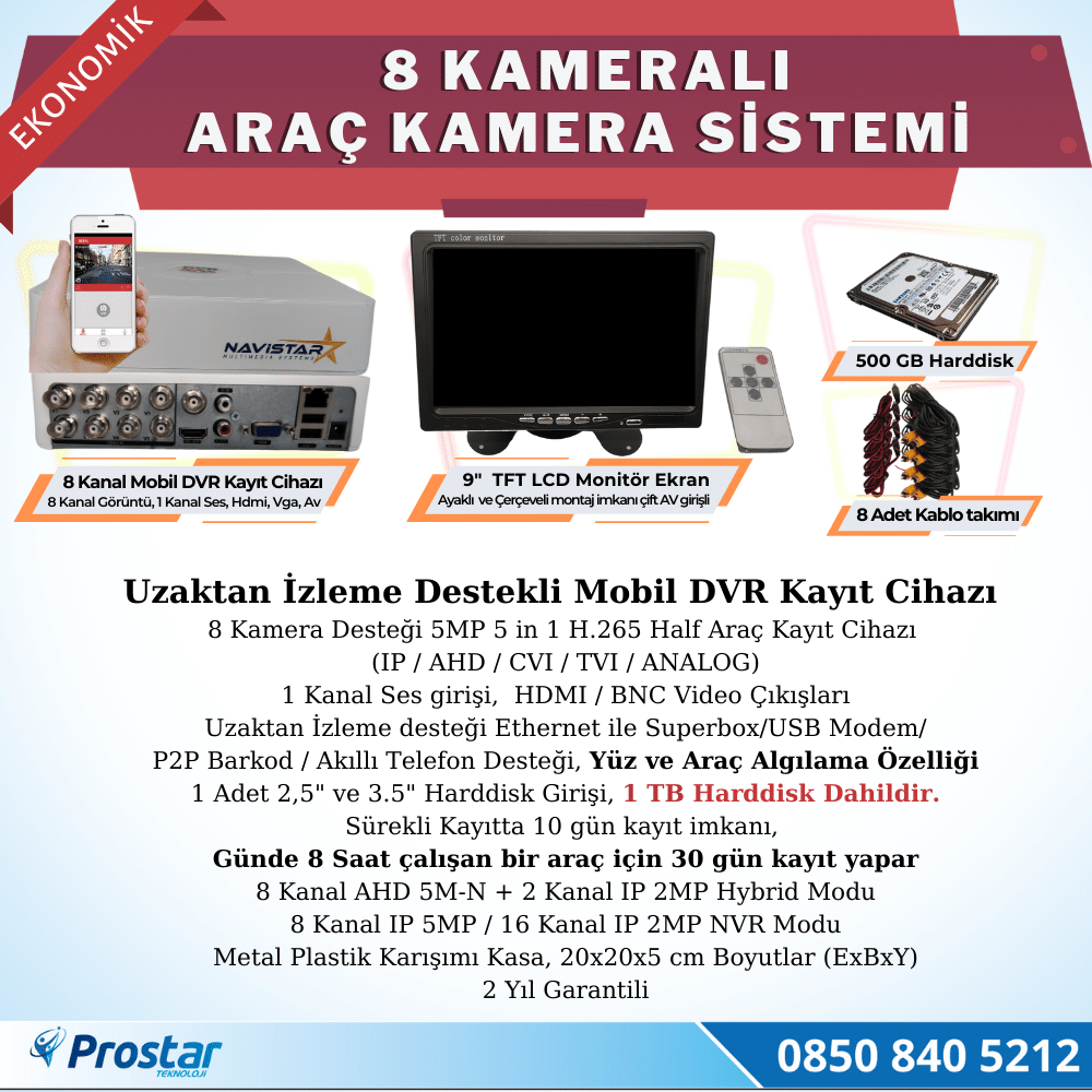 8 Kameralı Kayıtlı 1 Tb Hdd 9 Inç Ekranlı Uzaktan İzlemeli Tak Kullan Set