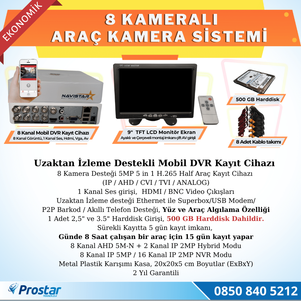8 Kameralı Kayıtlı 500 Gb Hdd 9 Inç Ekranlı Uzaktan İzlemeli Tak Kullan Set