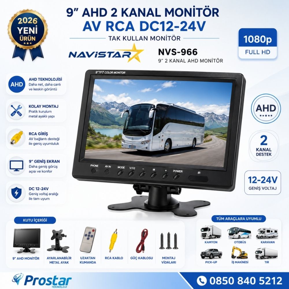 9 inç 2 kanal AHD RCA Sarı Soketli Araç Monitörü 1080P 720P Analog Destekli DC 12-24V