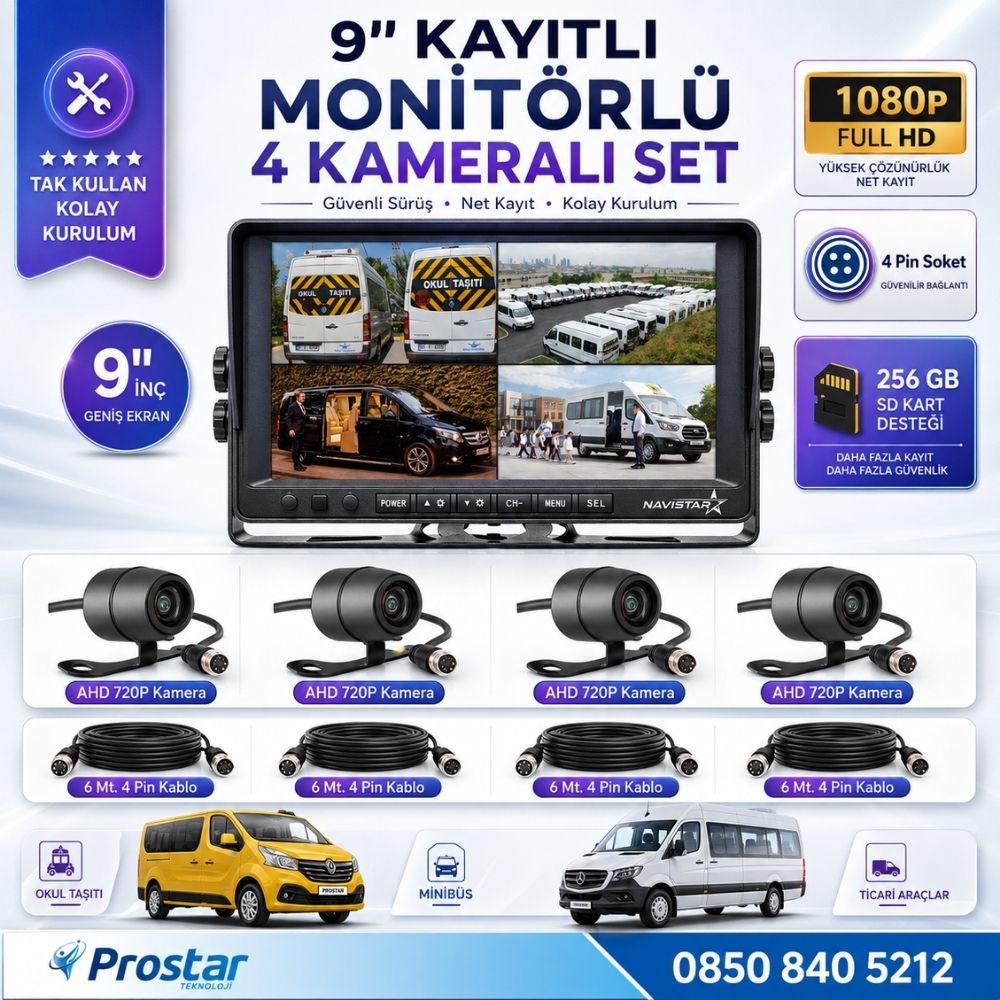 9 Inç Dörde Bölünür Kayıtlı 256Gb Sd Destekli 4 Kameralı 720P Ahd 4 Pin Soketli Tak Kullan Kamera Seti
