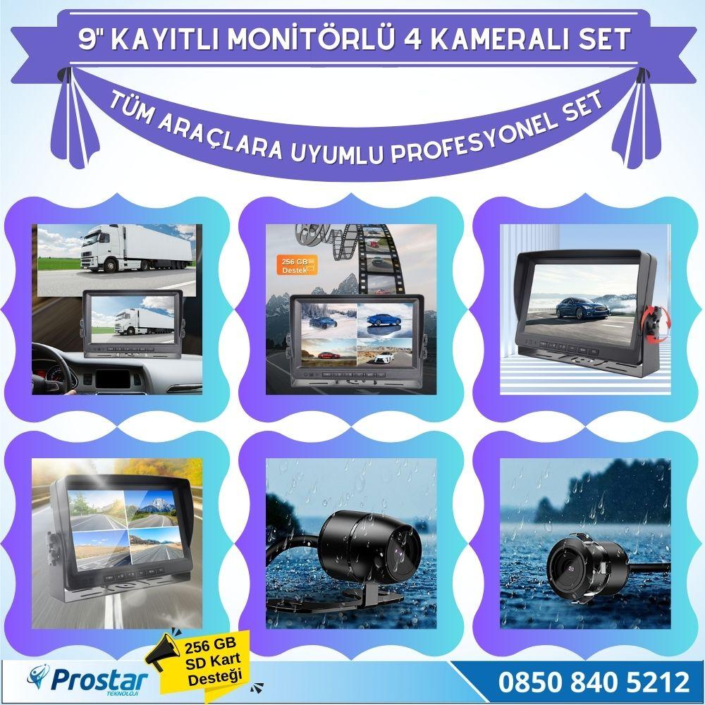 9 Inç Dörde Bölünür Kayıtlı 256Gb Sd Destekli 4 Kameralı 720P Ahd 4 Pin Soketli Tak Kullan Kamera Seti