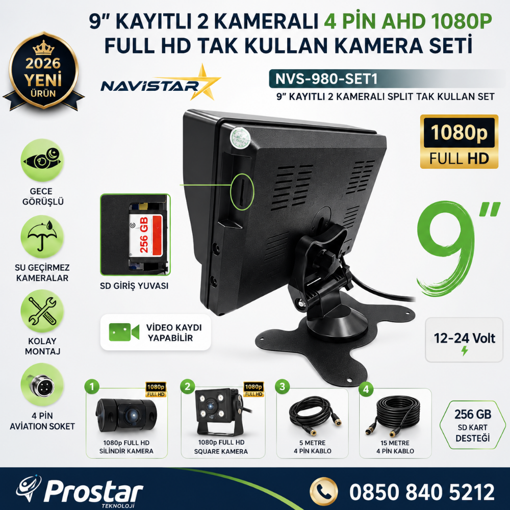 9 inç Geniş Ekran Kayıtlı 1080P Full HD 2 Kameralı Araç Güvenlik ve Geri Görüş Seti (12-24V)
