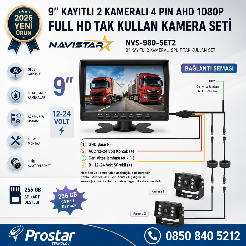 9 inç Geniş Ekran Kayıtlı 1080P Full HD 2 Kameralı Araç Güvenlik ve Geri Görüş Seti (12-24V)