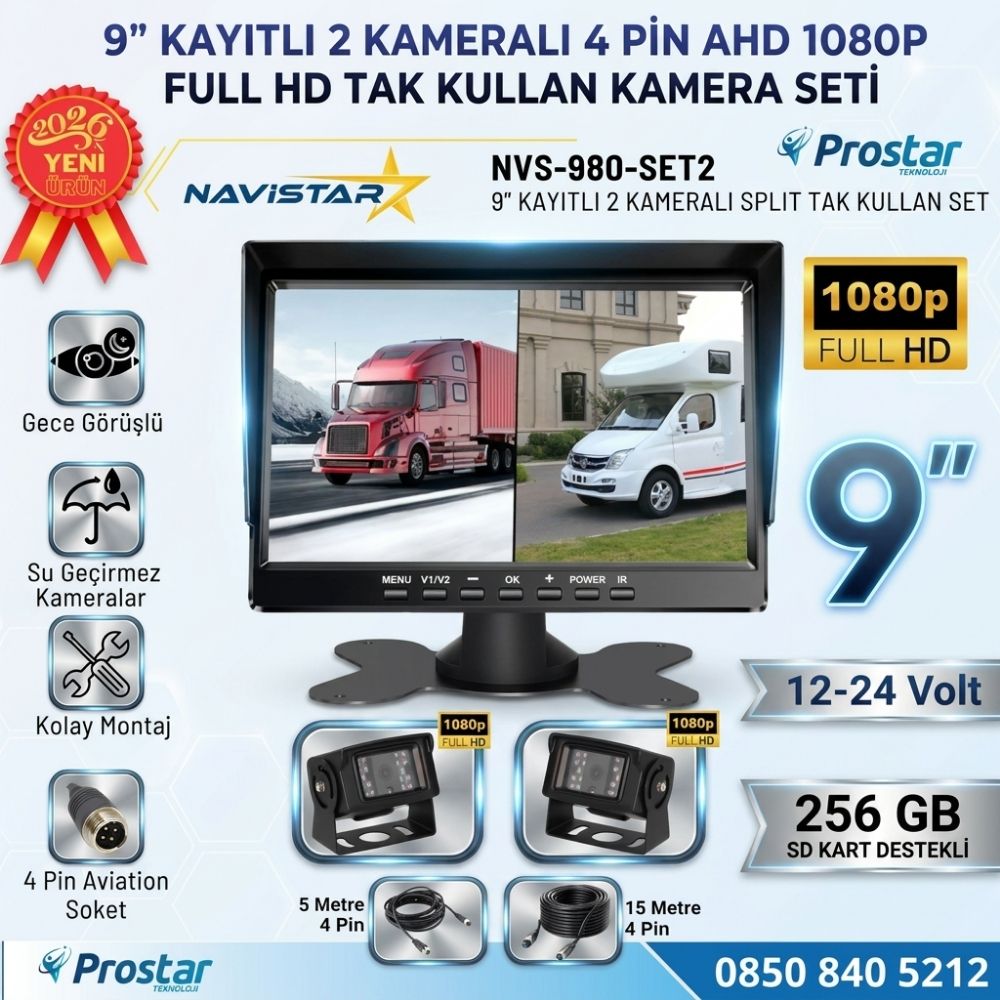 9 inç Kayıtlı Geniş Ekran 2 Kameralı 1080P Full HD Araç Güvenlik ve Geri Görüş Seti (12-24V)