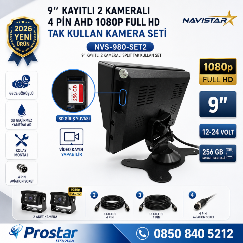 9 inç Kayıtlı Geniş Ekran 2 Kameralı 1080P Full HD Araç Güvenlik ve Geri Görüş Seti (12-24V)