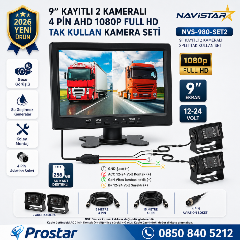 9 inç Kayıtlı Geniş Ekran 2 Kameralı 1080P Full HD Araç Güvenlik ve Geri Görüş Seti (12-24V)