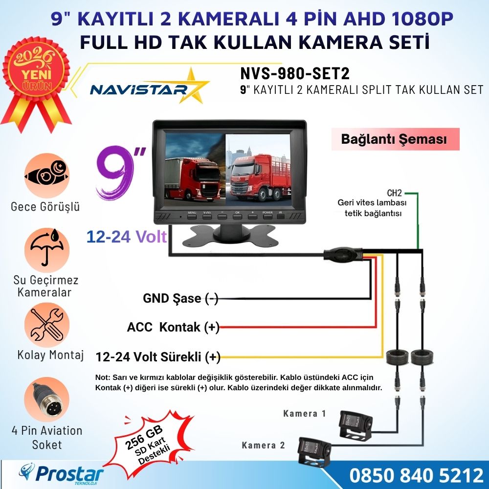 9 inç Kayıtlı Geniş Ekran 2 Kameralı 1080P Full HD Araç Güvenlik ve Geri Görüş Seti (12-24V)