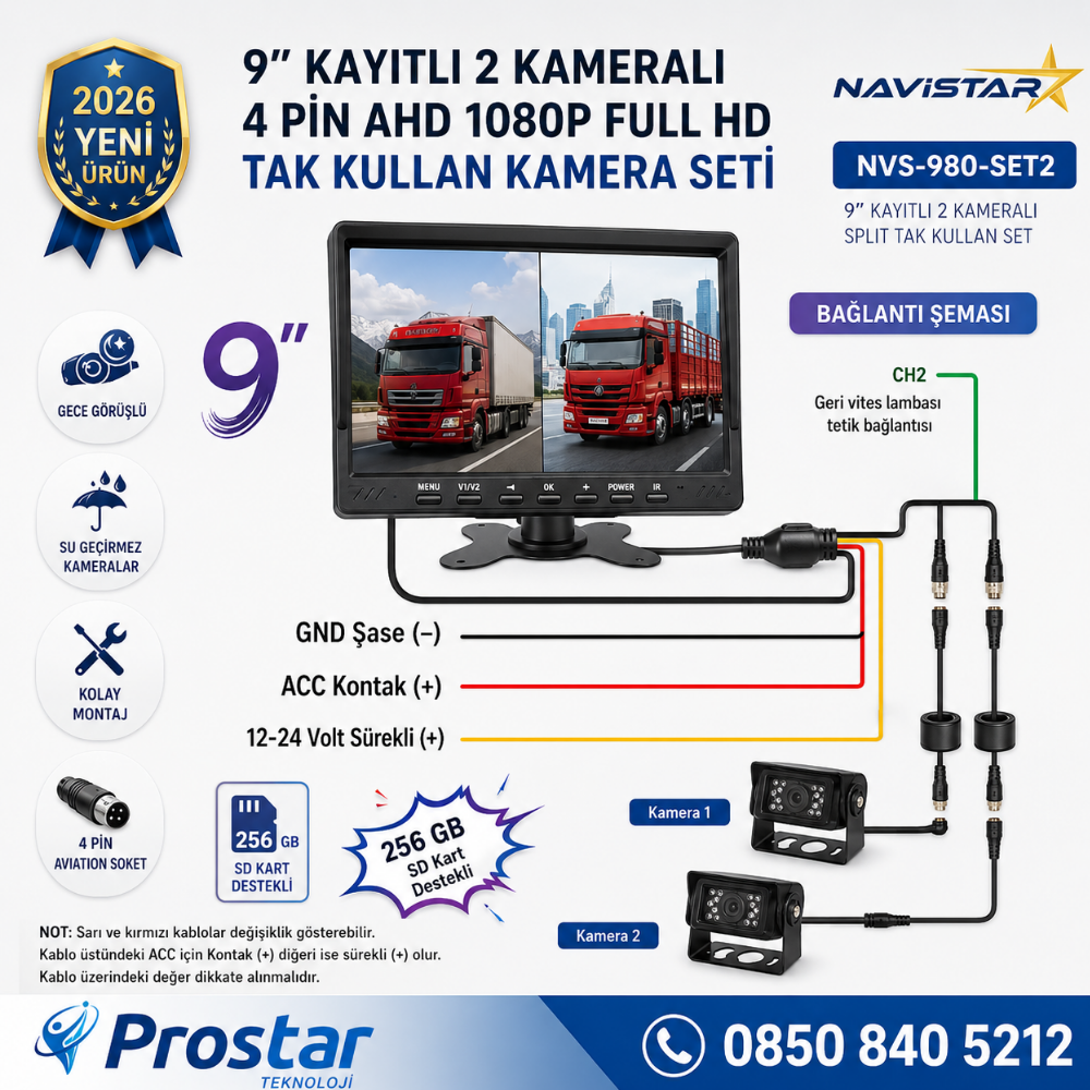 9 inç Kayıtlı Geniş Ekran 2 Kameralı 1080P Full HD Araç Güvenlik ve Geri Görüş Seti (12-24V)