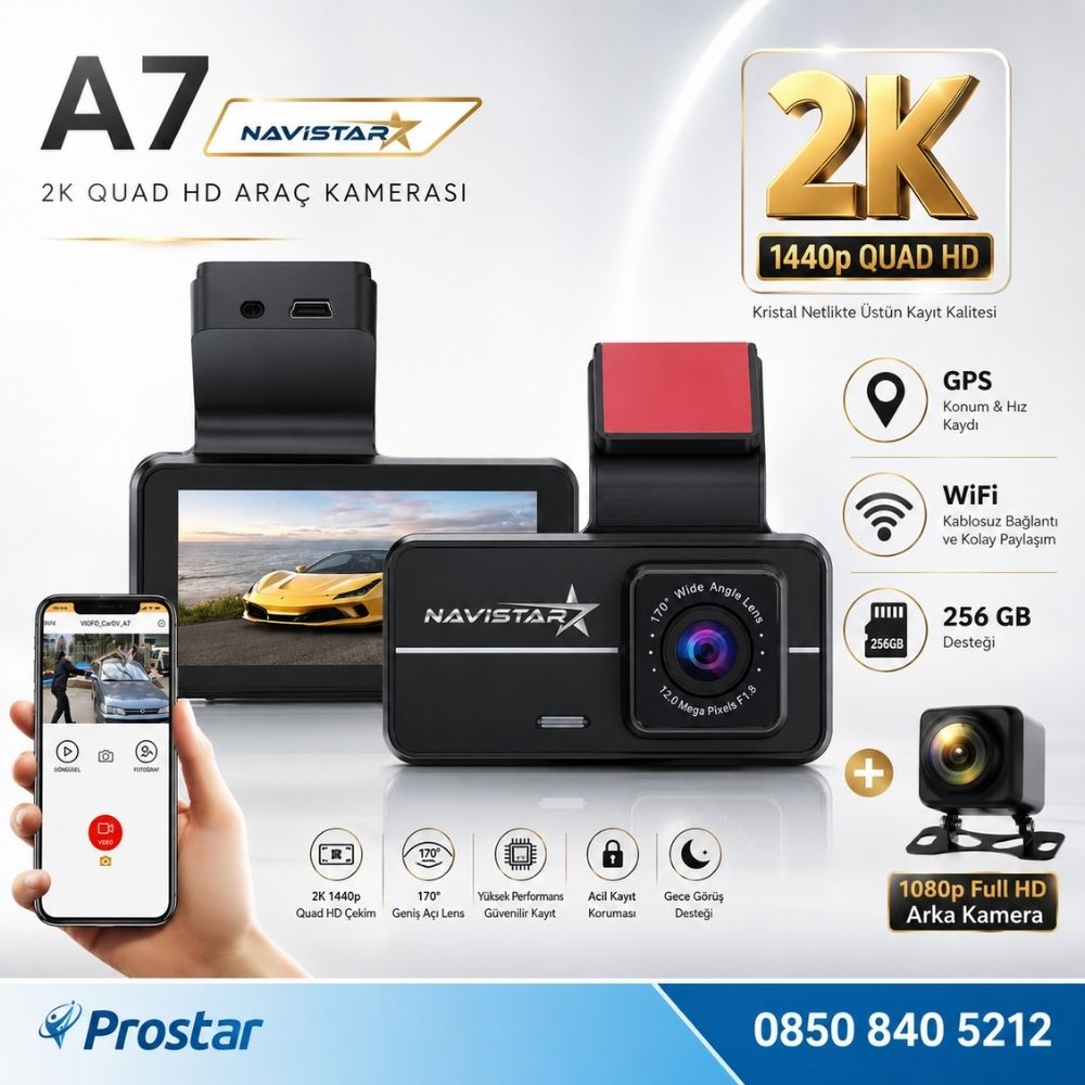 A7 Wifi + GPS 2K Çift Kameralı 170° Geniş Açı Lens Gece Görüşlü Akıllı Araç içi Kamera + 1080P Arka Kamera