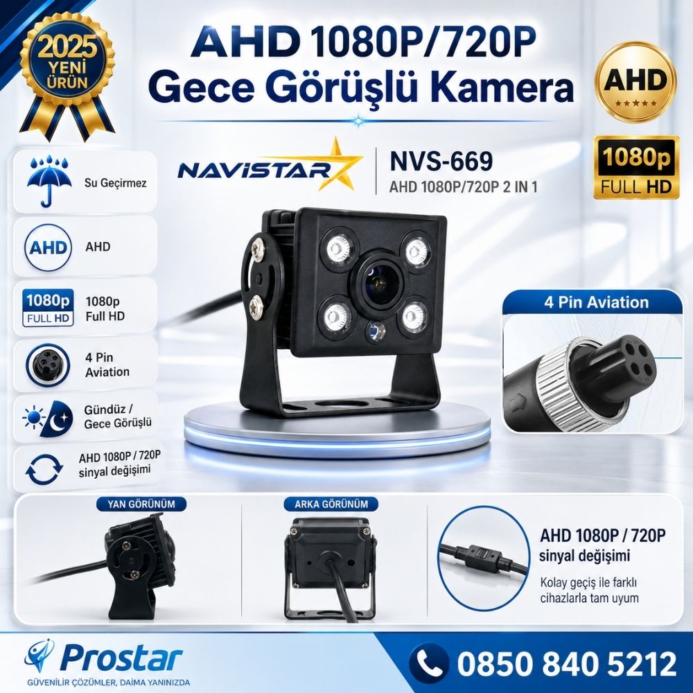 AHD 1080P/720P Orta Boy Gece Görüşlü 4 Pin Soketli Kamyon Tır Otobüs Kamerası