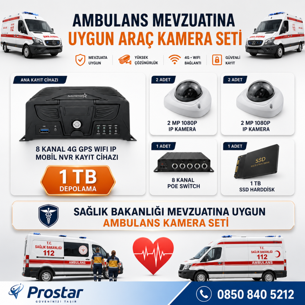 Ambulans Mevzuatına Uygun 1 TB 2 Kameralı 8 Kanal Mobil NVR Tak Kullan Set