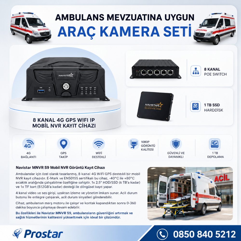 Ambulans Mevzuatına Uygun 2 Kameralı 8 Kanal Mobil NVR 1 TB 7 inç Monitörlü Tak Kullan Set