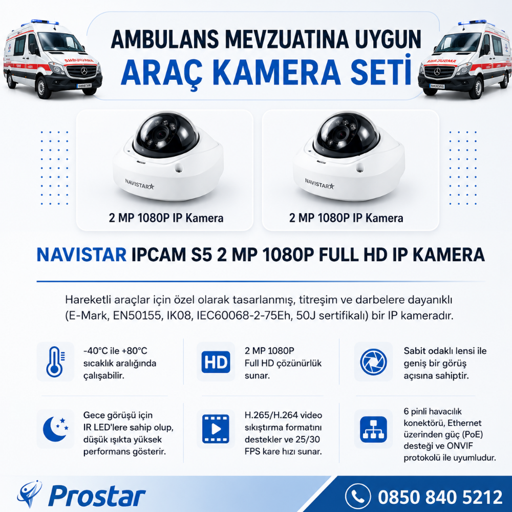 Ambulans Mevzuatına Uygun 2 Kameralı 8 Kanal Mobil NVR 1 TB 7 inç Monitörlü Tak Kullan Set
