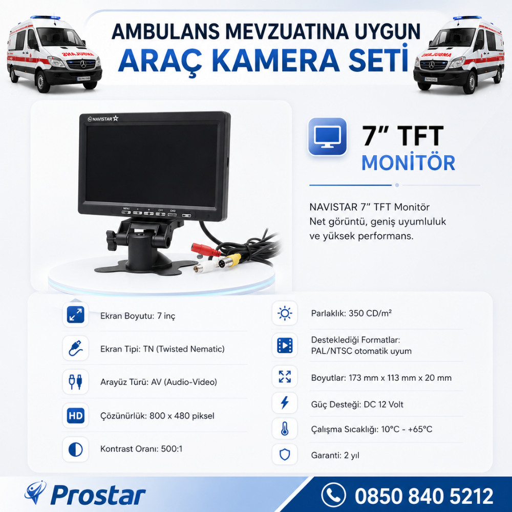 Ambulans Mevzuatına Uygun 2 Kameralı 8 Kanal Mobil NVR 1 TB 7 inç Monitörlü Tak Kullan Set