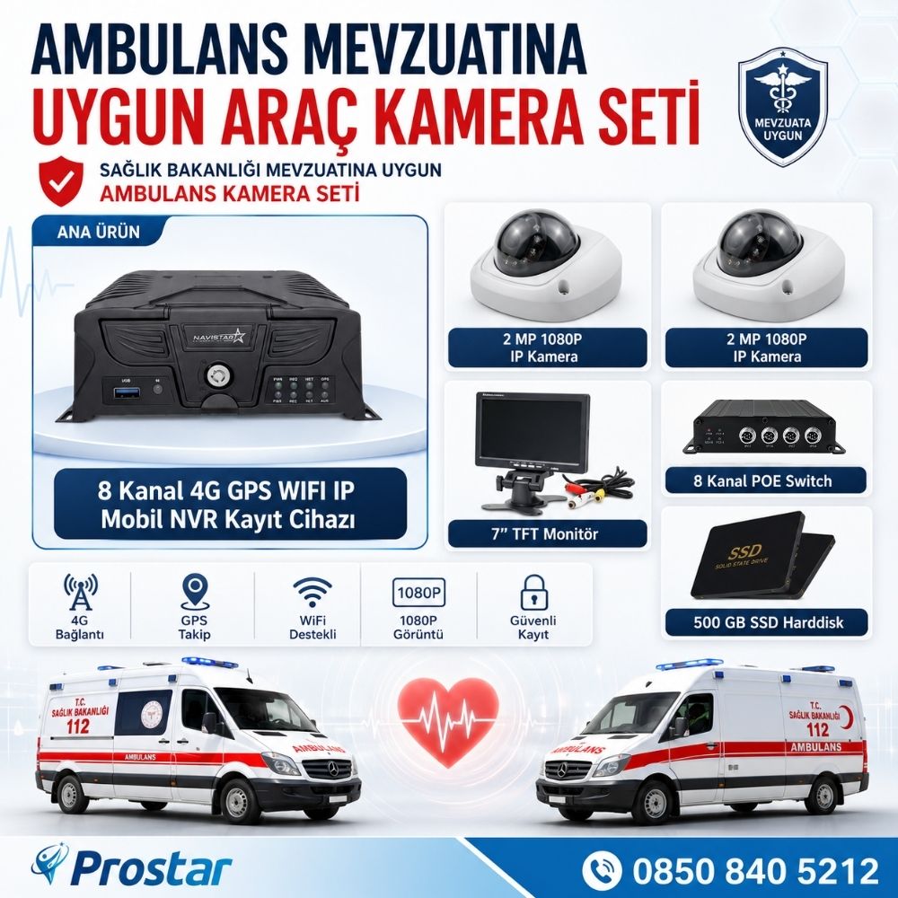 Ambulans Mevzuatına Uygun 2 Kameralı 8 Kanal Mobil NVR 500 GB 7 inç Monitörlü Tak Kullan Set