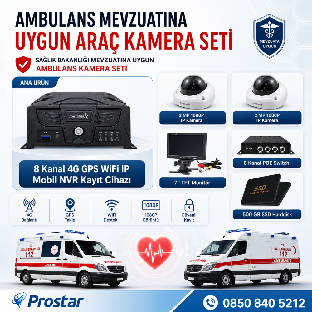 Ambulans Mevzuatına Uygun 2 Kameralı 8 Kanal Mobil NVR 500 GB 7 inç Monitörlü Tak Kullan Set