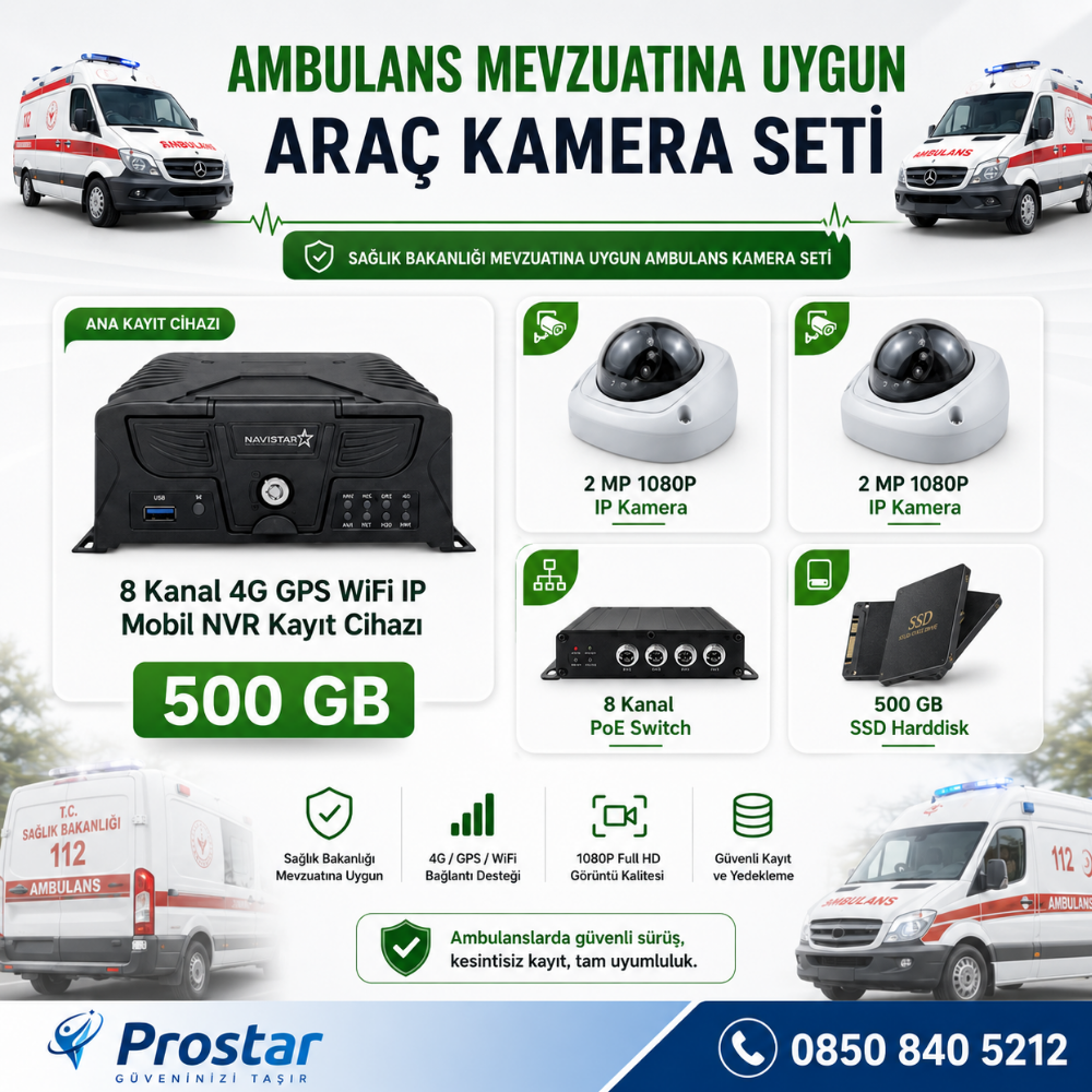 Ambulans Yönetmeliğine Uygun 2 Kameralı 8 Kanal Mobil NVR 500 GB Tak Kullan Set