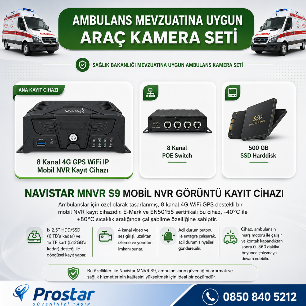 Ambulans Yönetmeliğine Uygun 2 Kameralı 8 Kanal Mobil NVR 500 GB Tak Kullan Set