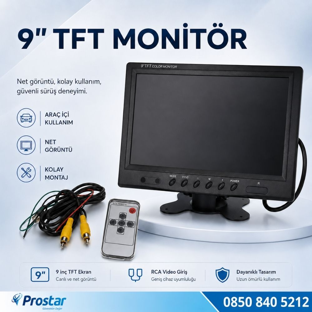 Araç Içi Monitör Büyük Ekran 9 Inç Tft Lcd 2 Kamera Girişli 5 Pinli Ve Rca