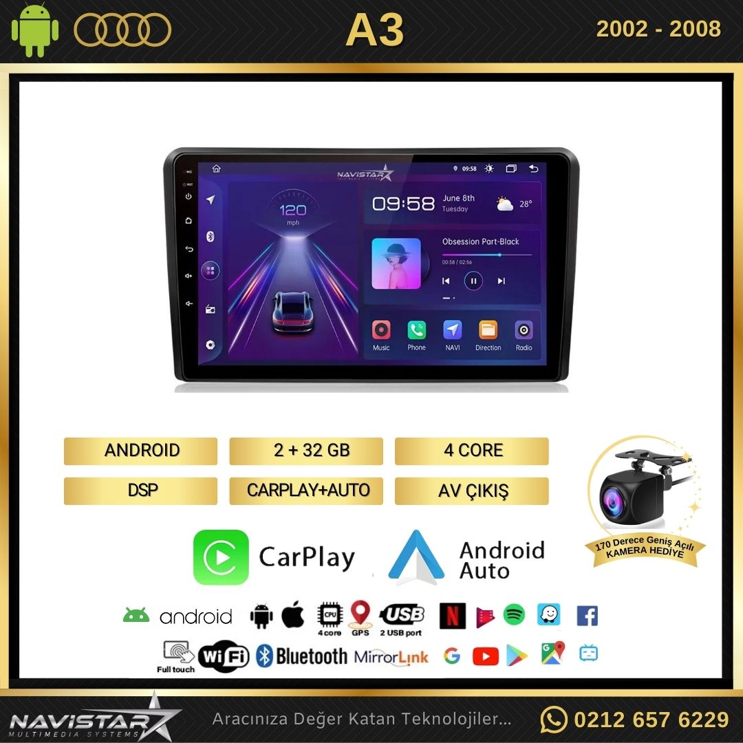 Audi A3 2002-2008 Model 2GB + 64GB Android 13 Kablosuz Carplay Navigasyon Multimedya Sistemi