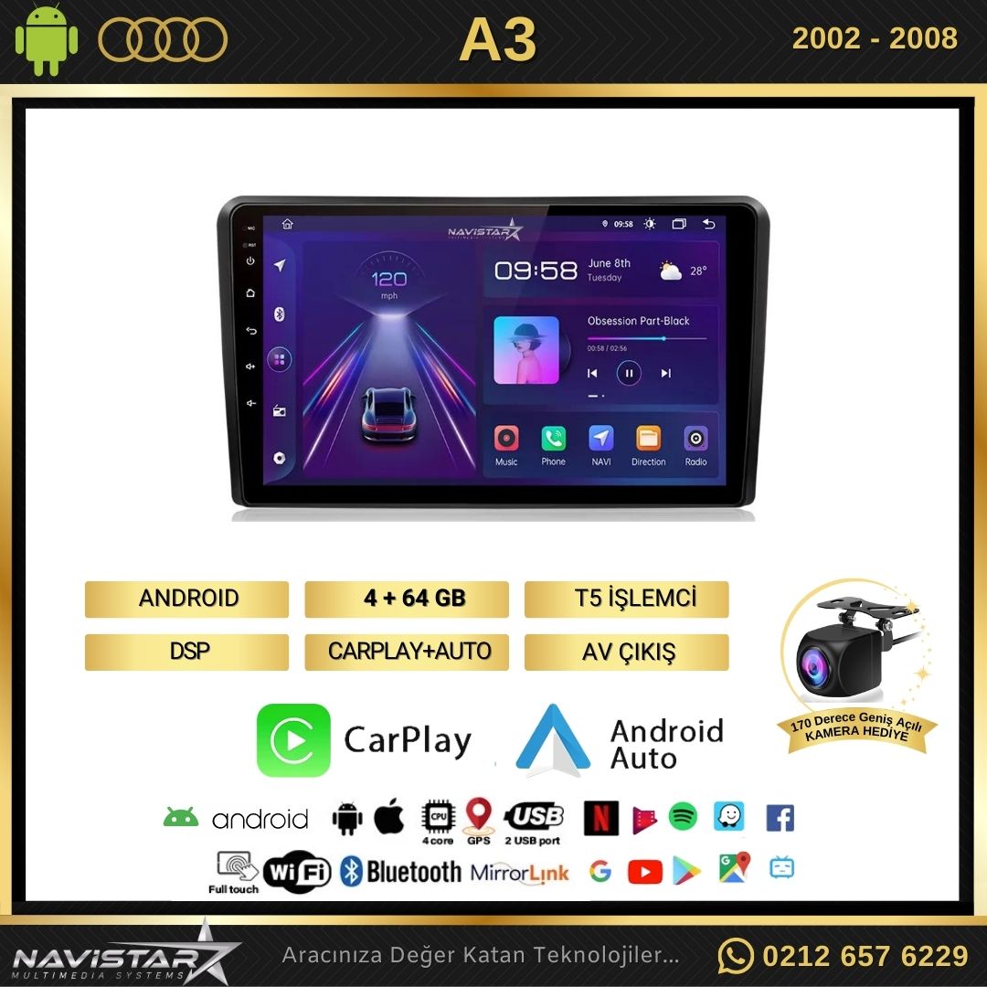 Audi A3 4GB + 64GB 2002-2008 Model Android 13 Kablosuz Carplay Navigasyon Multimedya Sistemi