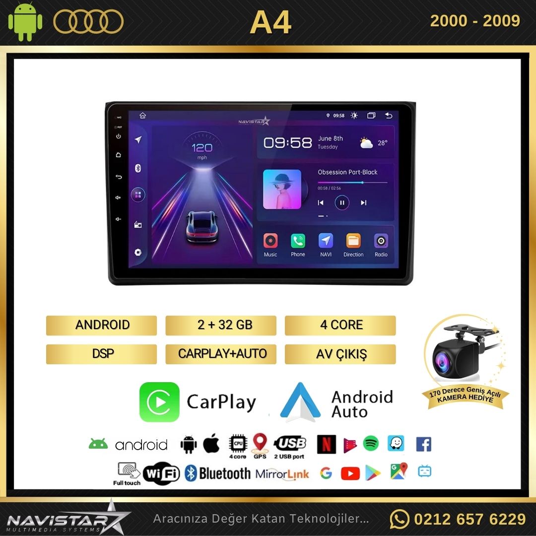 Audi A4 2000-2009 Model 2GB + 64GB Android 13 Kablosuz Carplay Navigasyon Multimedya Sistemi