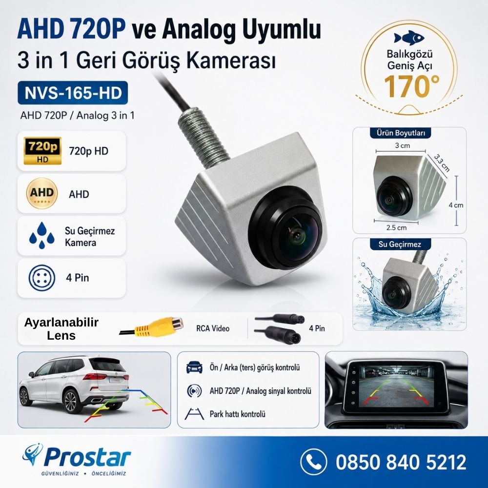 Ayarlanabilir Başlıklı AHD 720P ve Analog Çevrilebilir 170 Derece Geniş Açılı Geri Görüş Kamerası