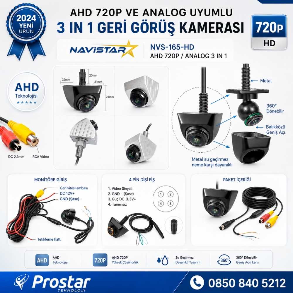 Ayarlanabilir Başlıklı AHD 720P ve Analog Çevrilebilir 170 Derece Geniş Açılı Geri Görüş Kamerası