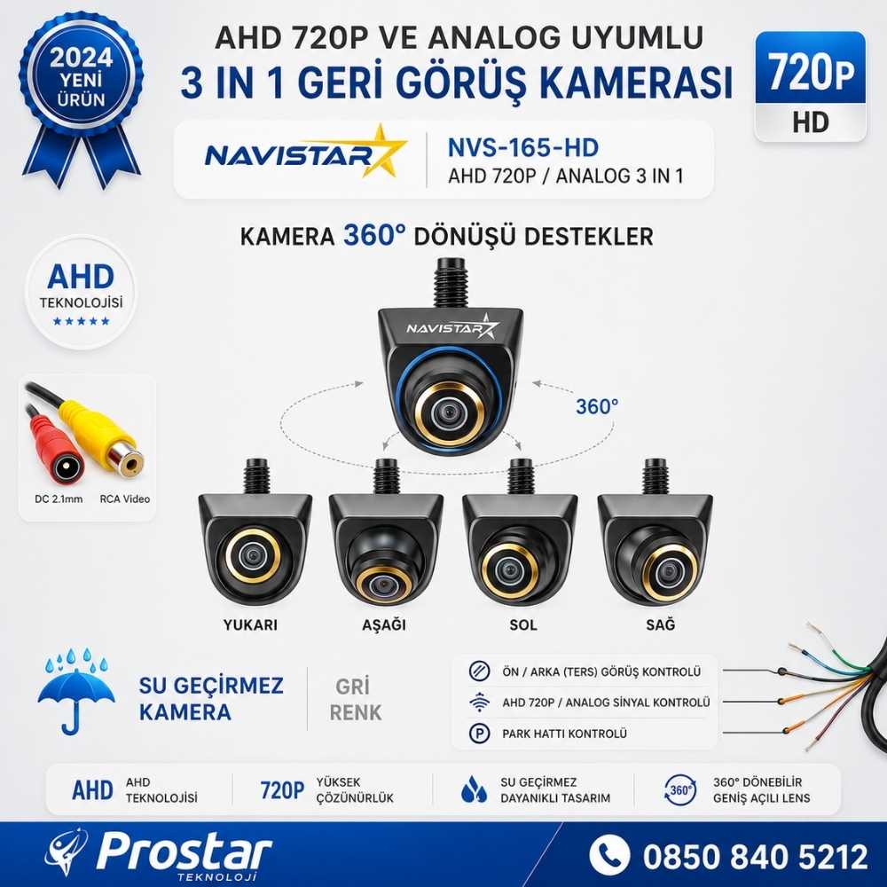 Ayarlanabilir Başlıklı AHD 720P ve Analog Çevrilebilir 170 Derece Geniş Açılı Geri Görüş Kamerası
