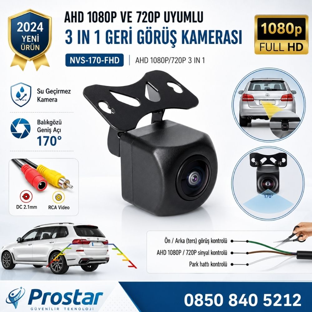 Balıkgözü AHD 1080P ve 720P Çevirilebilir 170 Derece Geniş Açılı Geri Görüş Kamerası — kod NVS-170-FHD